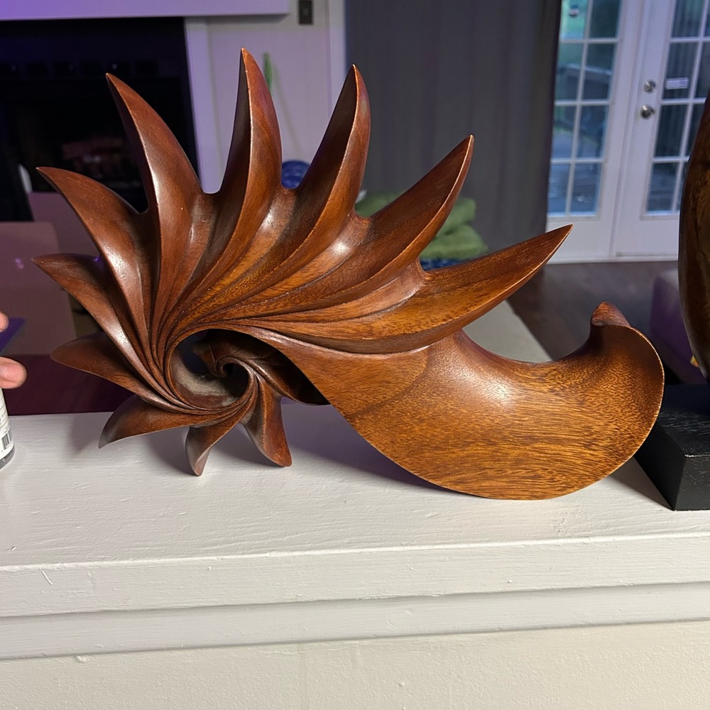Signed Balinese Suar Wood Sea Shell Sculpture, "Spider Conch"